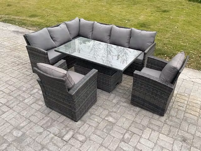 Fimous Dark Grey Mixed Wicker PE Rattan Garden Furniture Set with Height Adjustable Rising Lifting Table and 2 Armchairs