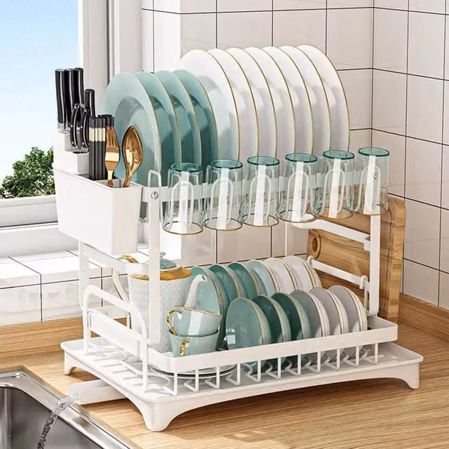 Kelvenix White Two-Tier Kitchen Sink Dish Drainer Rack with Cutlery Holder, W/D/H: 52.0 x 52.0 x 2.0 cm