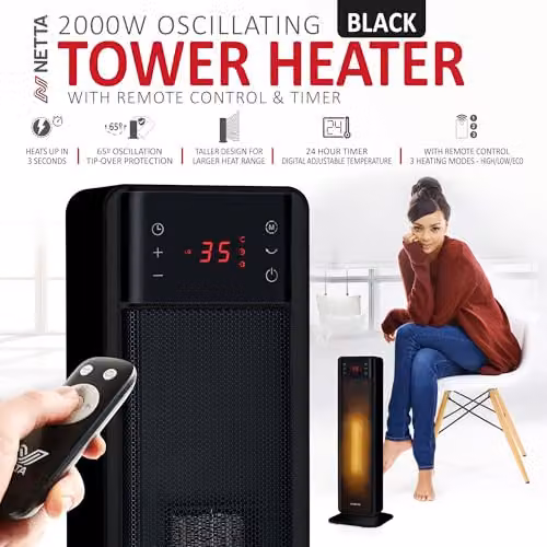 Netta 2000W Black Ceramic Fan Tower Heater with Remote Control and LED Display – 2