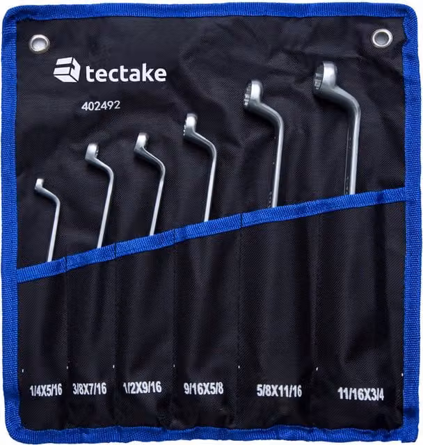 TECTAKE 6 Piece Black Double Ring Cranked Spanner Set with Roll Bag