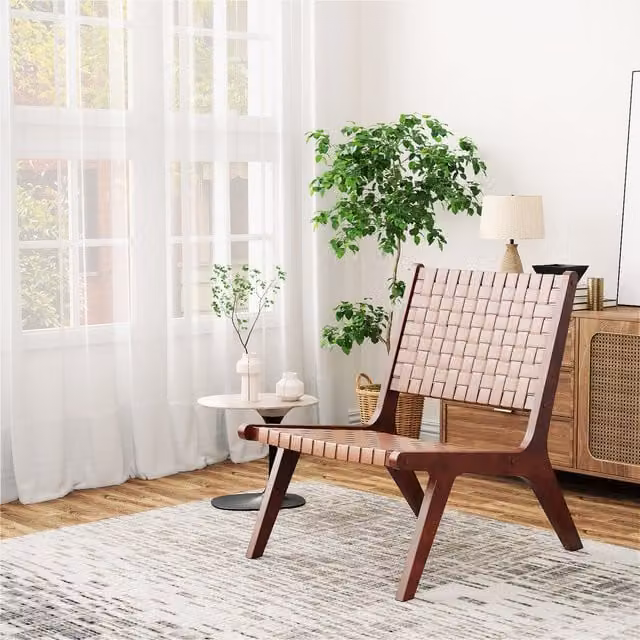 Costway Set of 2 Mid-Century Modern Brown Leather Lounge Chairs with Rubberwood Legs
