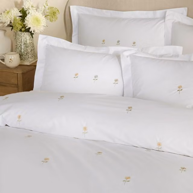Sophie Allport White Cotton Percale Oxford Pillowcases with Embroidered Sunflowers, Pack of 2