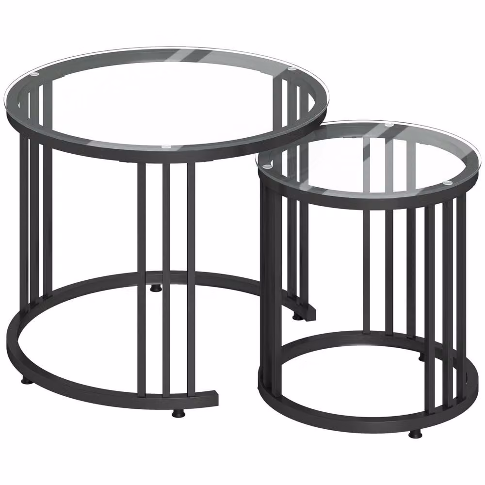 Wyld Haus Kane Set of 2 Round Nesting Tables with Black Metal Steel Frame and Glass Tops – 2