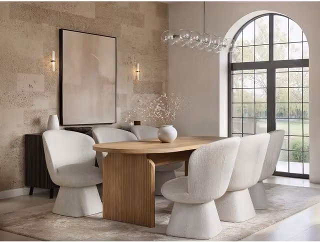 Solace+Co Varm Wooden Ribbed Dining Table and 6 Aiko Chairs Set in Brown and White