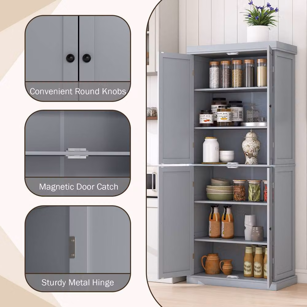 Gymax Modern Tall Buffet Cabinet in Grey with Hinged Doors and Internal Shelves – 4