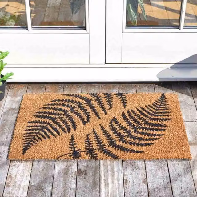 Garden Mile Heavy Duty Rectangular Coir Door Mat with Floral Fern Design in Brown and Black