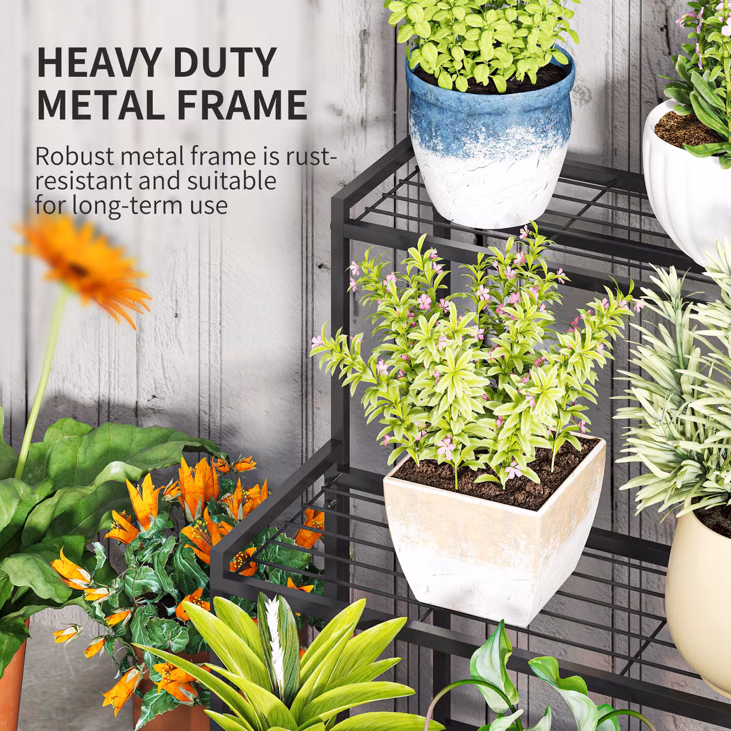 Outsunny 3-Tier Modern Metal Ladder Plant Stand, Black Flower Pot Holder for Indoor and Outdoor Use – 3