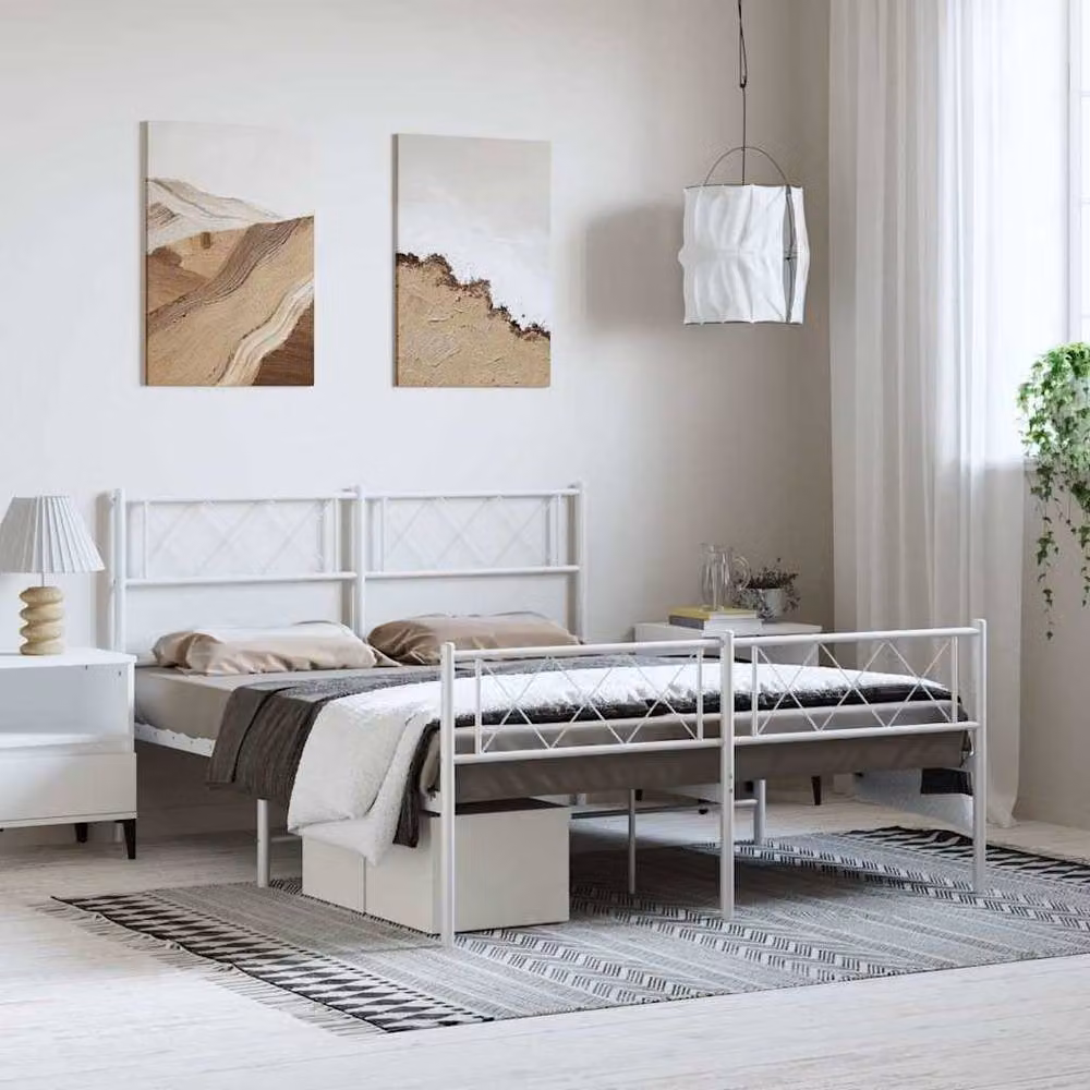 Berkfield Home Metal Bed Frame with Headboard and Footboard in White, W/D/H: 135 x 190 cm – 1