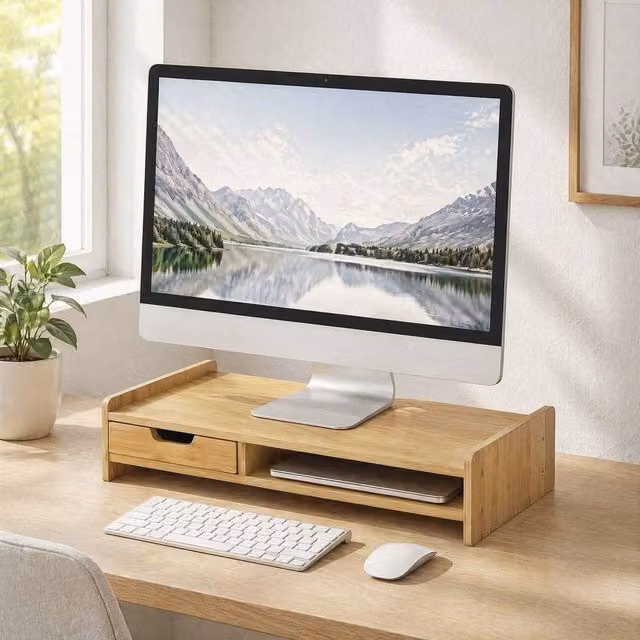 STILVORA Monitor Stand Riser with Drawer in Natural Bamboo Wood