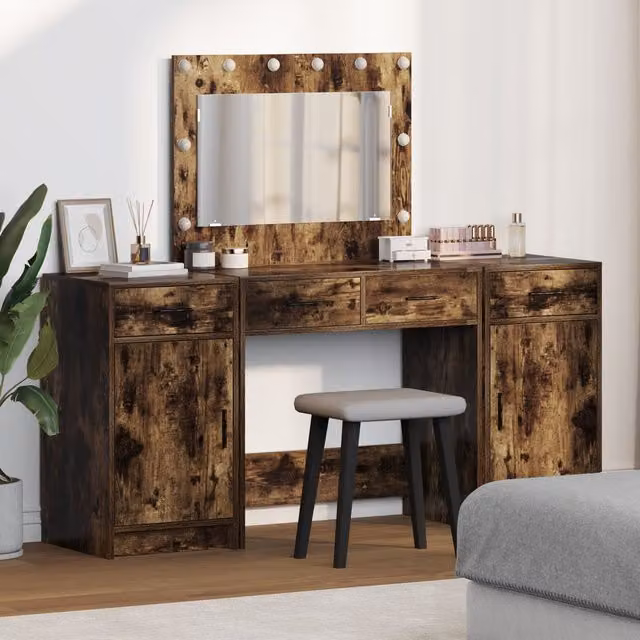 Berkfield Home 3-Piece Modern LED Dressing Table Set in Smoked Oak Brown Engineered Wood – 1