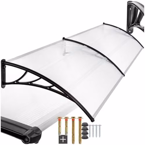 tectake Front Door Canopy with Translucent Polycarbonate Panels and Arched Side Struts, Black, W: 300 cm, D: 93 cm