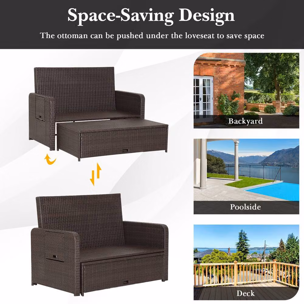 Costway Grey Polyrattan Patio Daybed Set with Loveseat Sofa, Ottoman and Side Tray – 7