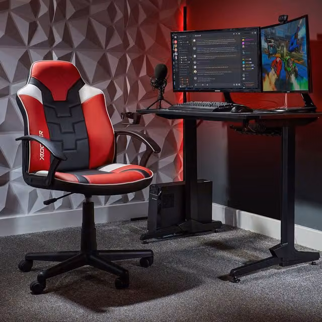 X Rocker Saturn Ergonomic Mid Back PC Gaming Chair in Red with Swivel Base and Armrests – 1