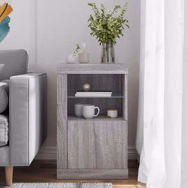 Berkfield Home Modern Side Cabinet with LED Lights and Glass Doors in Grey Sonoma, W/D/H: 67 x 41 x 37 cm – 1