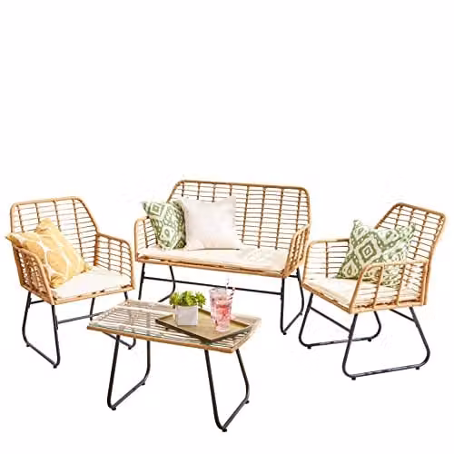 Neo 4 Piece Wicker Bamboo Style Garden Sofa, Table and Chairs Set in Natural – 2