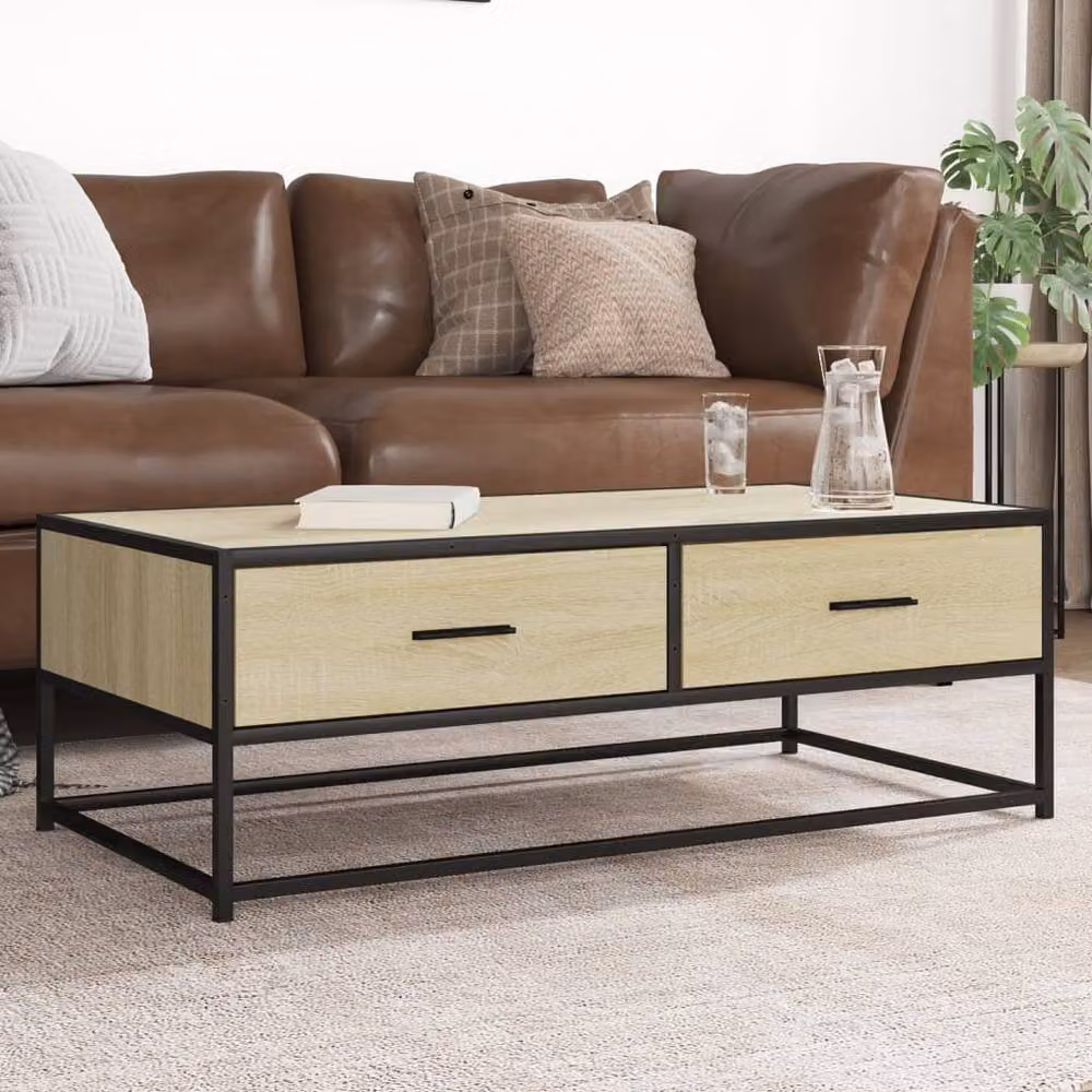 Berkfield Home Sonoma Oak Coffee Table in Light Tan with Metal Sled Base, W: 100 cm, D: 50 cm, H: 35 cm – 1