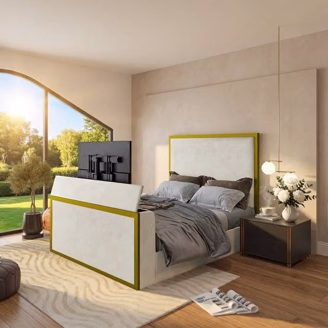 KDMD Adisham Upholstered Electric Media TV Bed Frame in Gold and Off-White, Single