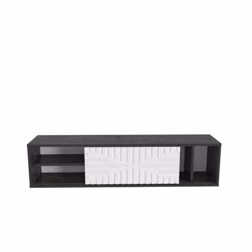 DECOROTIKA Teo Floating TV Stand with Sliding Doors and Open Shelves, Black Marble Effect and White, W: 140 cm, D: 29.5 cm, H: 29.5 cm – 3