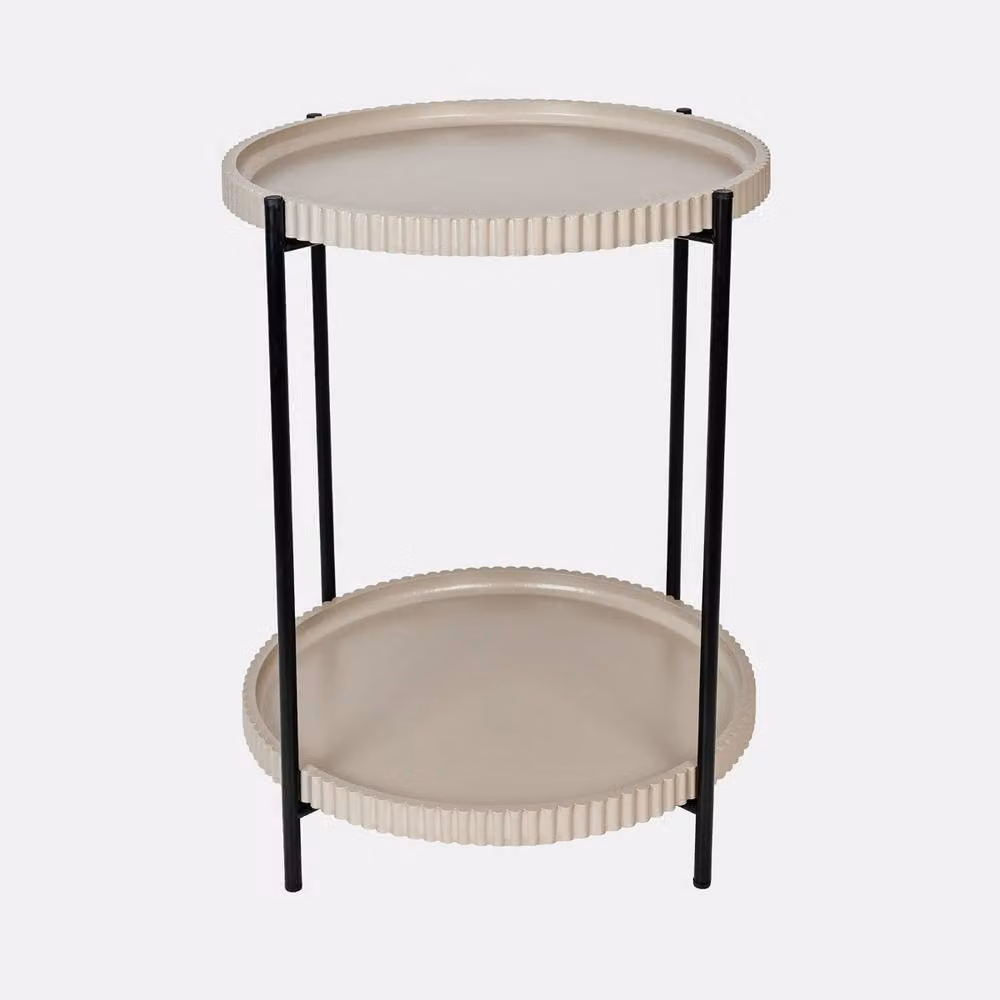 OHS Ribbed Two-Layer Round Side Table in Natural Brown and Beige – 2