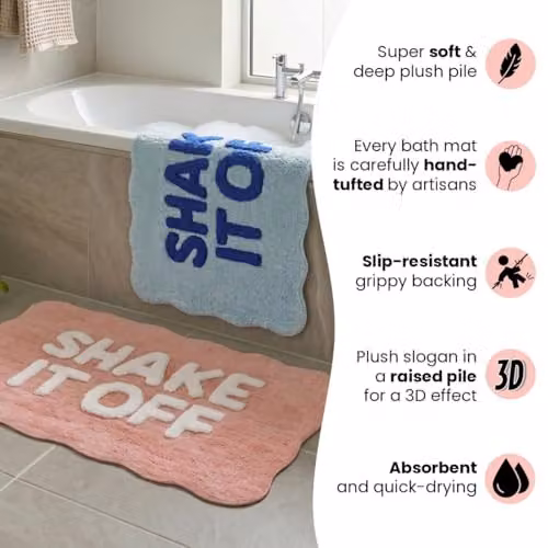 Mooky Mats Shake It Off Scalloped Bath Mat in Pink, W: 50 cm, D: 80 cm, Non-Slip and Absorbent – 2