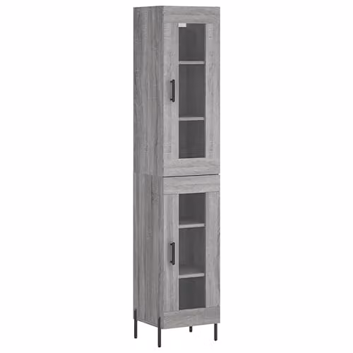 vidaXL Modern Grey Sonoma Highboard with Glass Hinged Doors and Internal Shelves, W/D/H: 34.5 x 34.5 x 180 cm