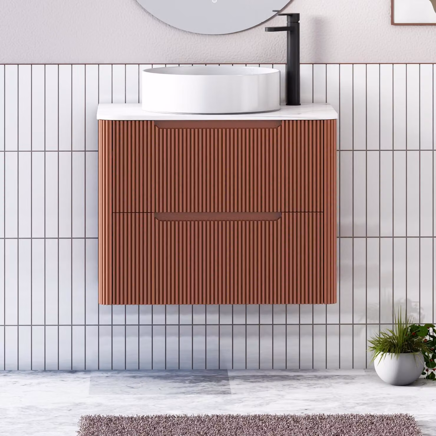 Royal Bathrooms Avenza Terracotta Clay 2 Drawer Wall Hung Vanity Unit with Carrara White Undrilled Worktop