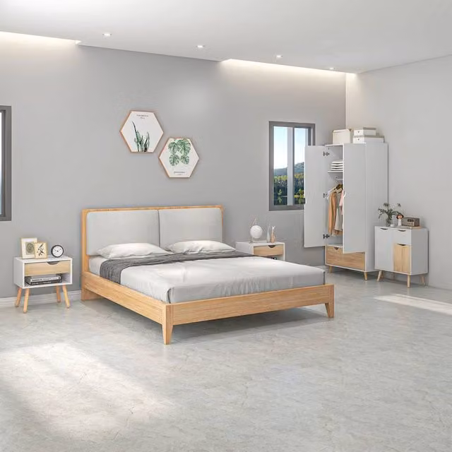 HOMCOM Wardrobe with Hanging Rail and Bedside Tables with Storage in Sand and White