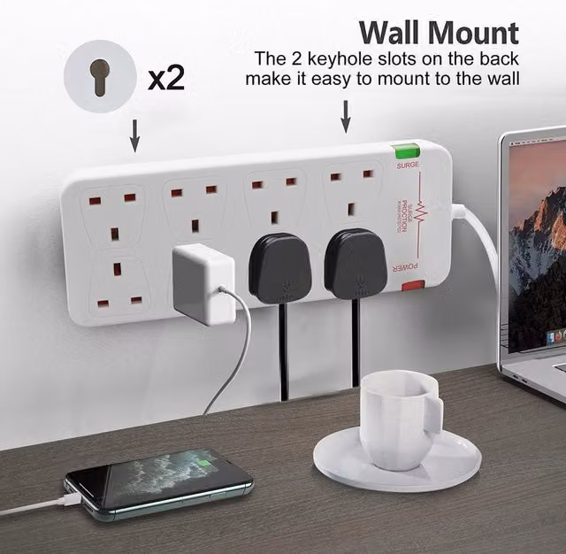 Livingandhome 8 Way Socket with Cable, Power Indicator and Child-Resistant Sockets, White