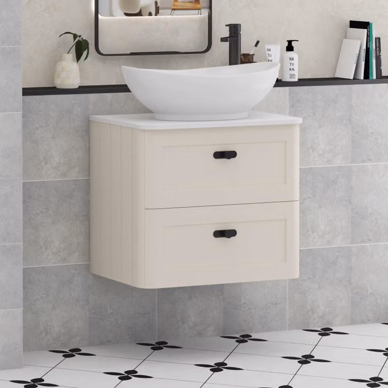 Royal Bathrooms Henley 600mm Wall Hung Vanity Unit in Mushroom Cashmere with 2 Drawers, Plain White Worktop, Amaze Basin and Matt Black Knob