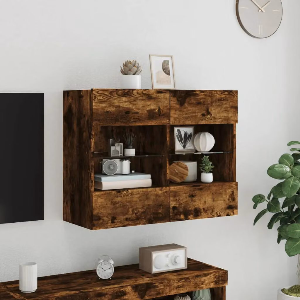 Berkfield Home Modern Wall Mounted TV Cabinet with LED Lights in Smoked Oak Brown, W/D/H: 78.5 x 30 x 60.5 cm – 5