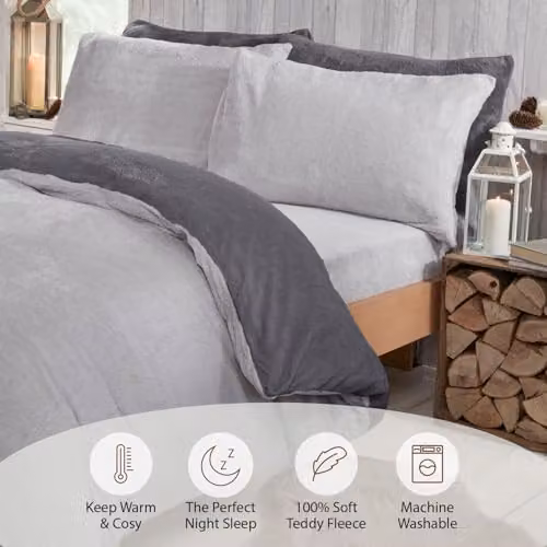 Brentfords Reversible Teddy Fleece Duvet Cover and Pillowcase Set, Grey/Silver, W/D/H: 135 x 200 cm – 4