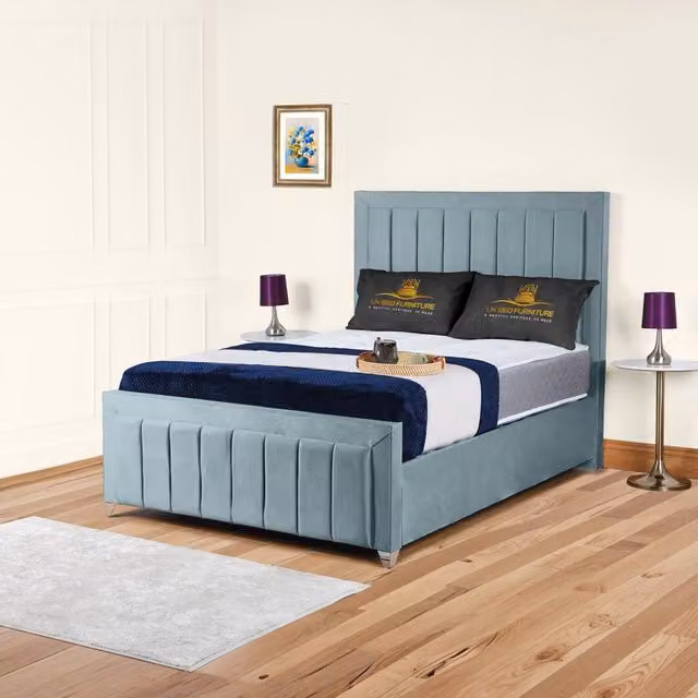 UK Bed Furniture Siarra Ottoman Gas Lift Upholstered Velvet Bed in Light Blue, Size: Double (140 x 200 cm) – 1
