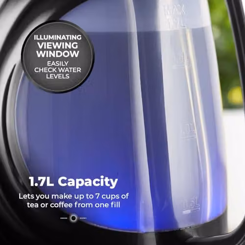 Tower Sonar Kettle in Black with Blue Light, 1.7L, 2500W, featuring Limescale Filter – 7