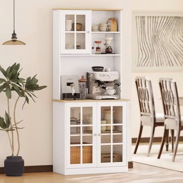 HOMCOM Modern White Sideboard Storage Cabinet with Glass Doors and Shelves – 1