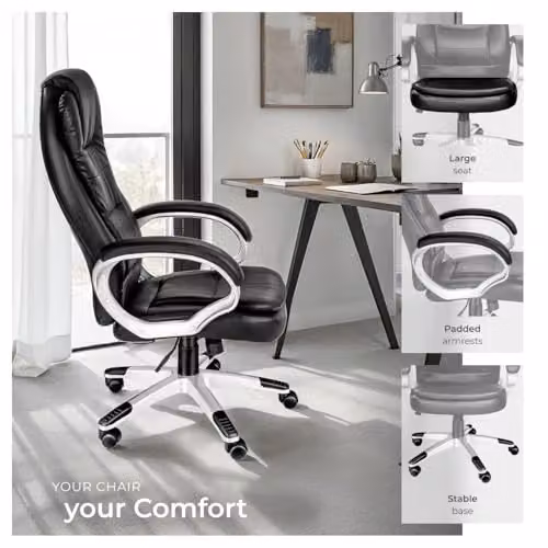tectake Zulu Executive Office Chair in Black with Faux Leather Upholstery and Headrest – 6