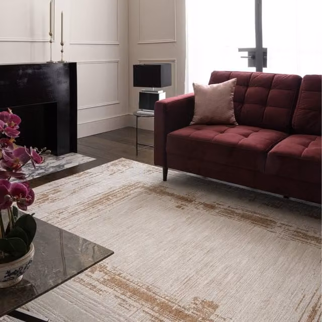 Furniturebox UK Strata Gold Cream Sketched Border Rug in Gold and Beige, W: 230 cm, D: 160 cm