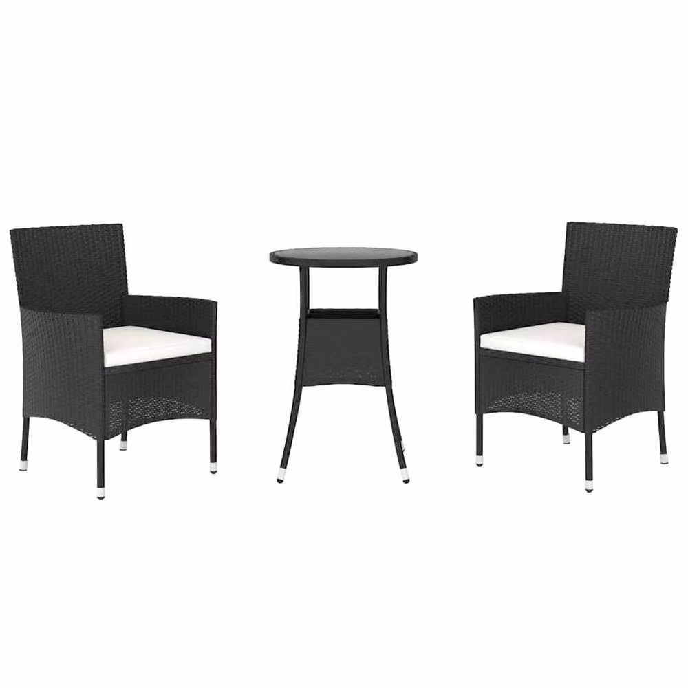 Berkfield Home 3 Piece Black Poly Rattan Garden Bistro Set with Cushions – 3