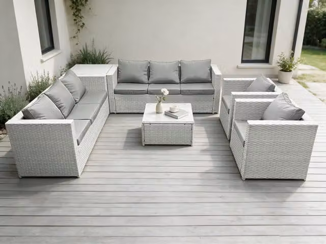 Fimous 8 Seater Grey Rattan L-Shape Corner Garden Outdoor Sofa Set with Coffee Table and Upholstered Cushions