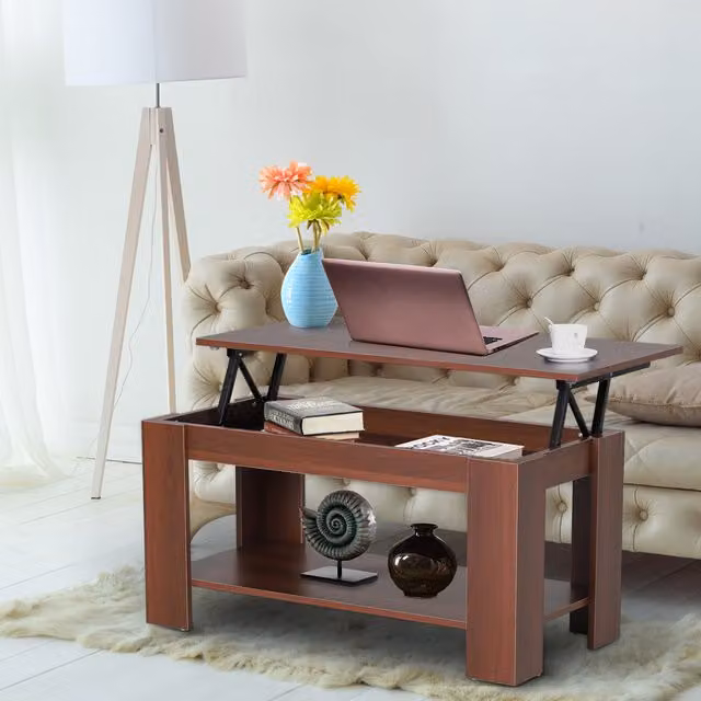 HOMCOM Modern Rectangular Lift Up Top Coffee Table in Brown and Yellow Wood Grain Finish
