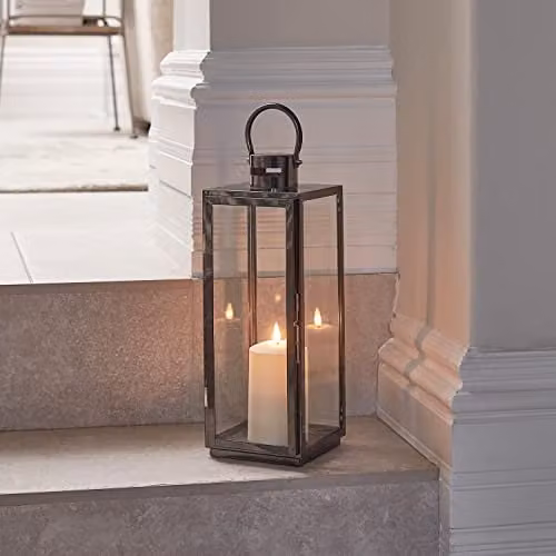 Lights4fun Silver Stainless Steel LED TruGlow Candle Lantern with Remote and Timer, H 38 cm x W 15 cm x D 14 cm – 1