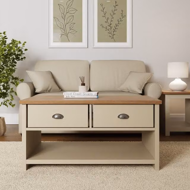 GFW Lancaster Two Drawer Coffee Table in Cream and Oak – 1