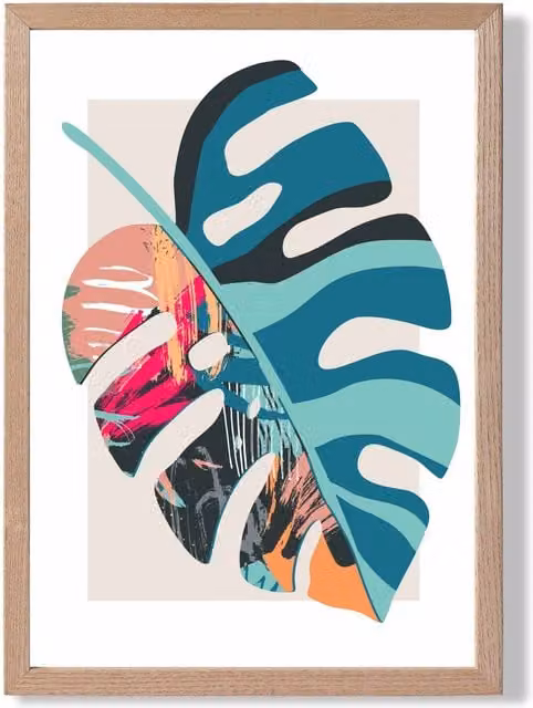 ARTZE Monstera Blue and Pink Boho Botanical Framed Print with Oak Frame – 1