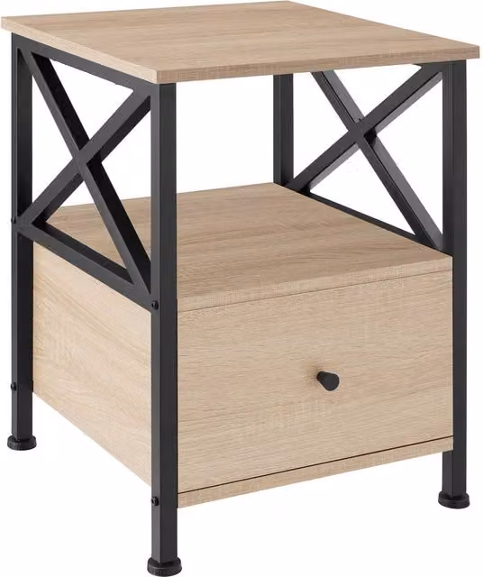 tectake Falkirk Bedside Table with 2 Shelves and 1 Drawer in Light Oak and Brown