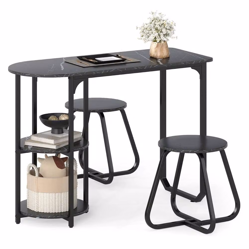 VOGREX Bar Table Set with 2 Stools and 2 Storage Shelves in Black – 2