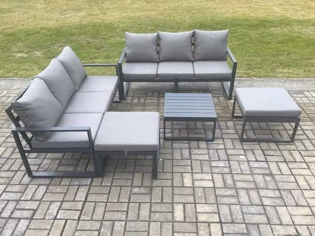 Fimous 8 Seater L-Shape Garden Furniture Set with Powder Coated Aluminium Frame, Square Coffee Table and 2 Ottomans in Dark Grey