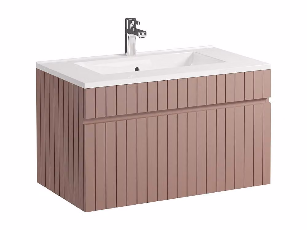 Vente-unique Wall-Mounted Ribbed Bathroom Unit with Inset Basin, Pink and White, Width: 80 cm – 2
