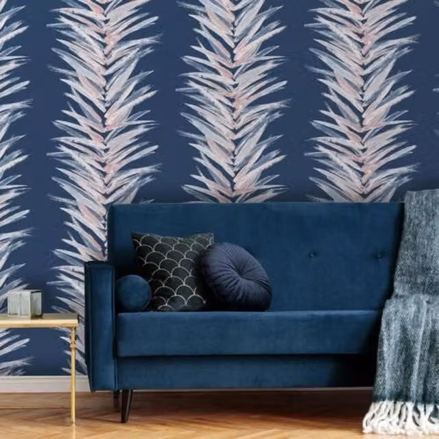 Muriva Dhara Leaf Wallpaper in Grey with Blue Exotic Palm Leaves and Striped Brush Marks