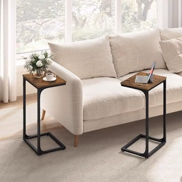 The Bazaarist Set of 2 C-Shaped Industrial Side Tables in Rustic Brown and Ink Black