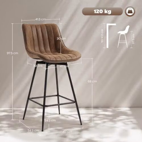 HOMCOM Set of 2 Brown Synthetic Leather Swivel Bar Stools with Backrest and Height Adjustment – 3