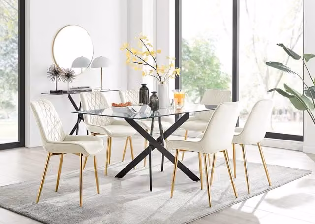 FurnitureboxUK Leonardo Glass Dining Table with 6 Pesaro Gold Leg Chairs in Cream